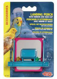 Landing perch mirror and seed cup